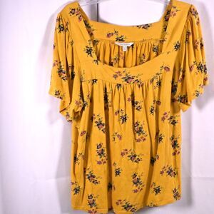 Lucky Brand Mustard Floral Square Neck Flutter Top Women XL Cotton Boho